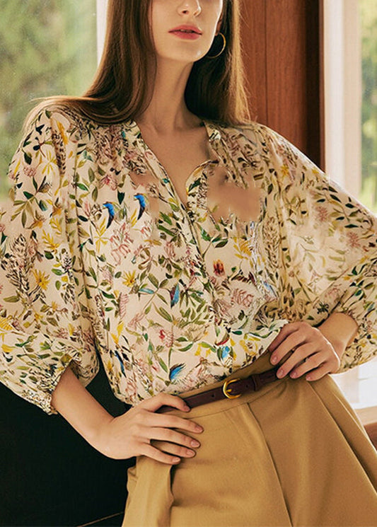 Sleeve V Shirts Fashion Print Neck Lantern