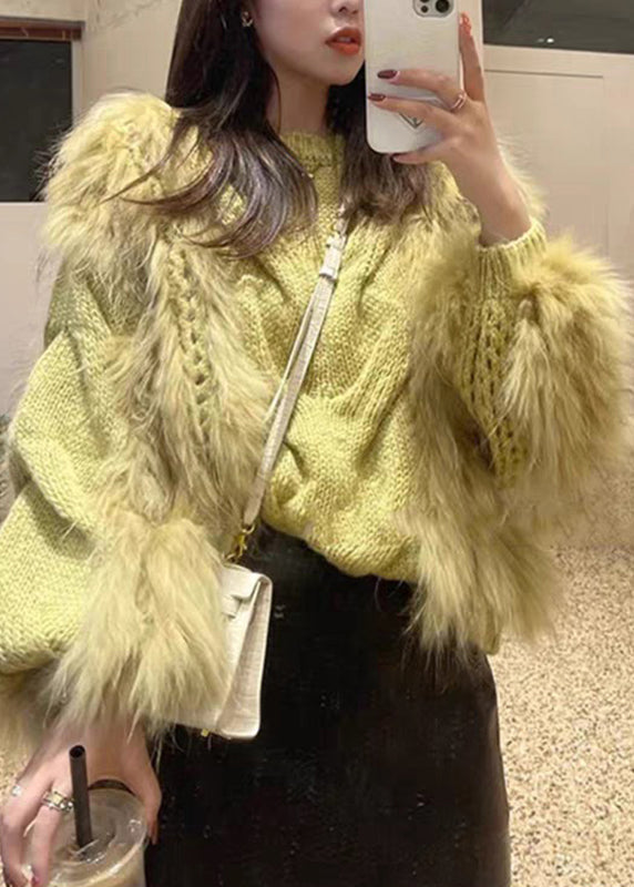 Yellow O-Neck Knit Fashion Fluffy Fur Cozy Sweaters Fuzzy Cotton Fall