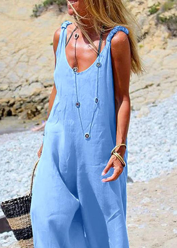 Female Button Sleeveless leg Wide Blue Navy Side Jumpsuit