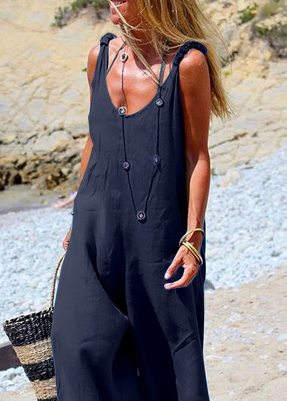 Female Button Sleeveless leg Wide Blue Navy Side Jumpsuit
