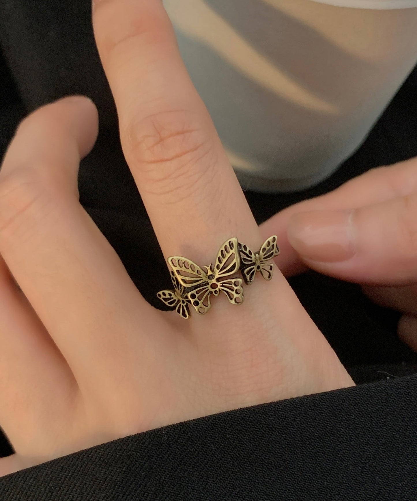Out Fine Set Two Piece Rings Crown Ancient Gold Hollow Metal Butterfly