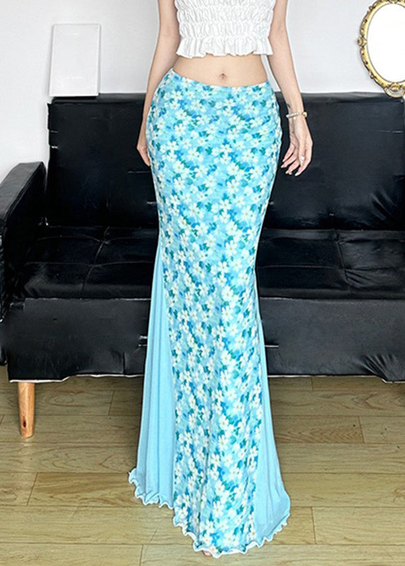 High Skirt Waist Fine Maxi Blue Tulle Summer Patchwork