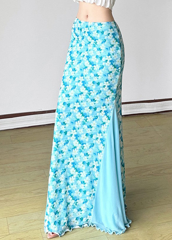 High Skirt Waist Fine Maxi Blue Tulle Summer Patchwork