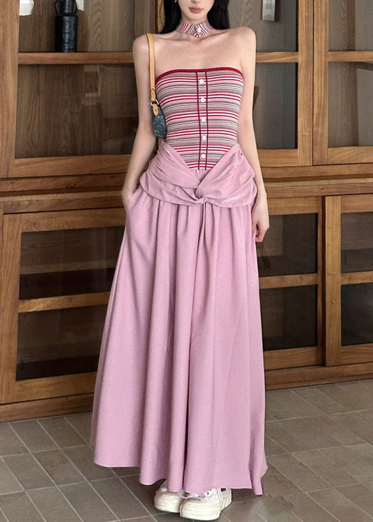 Pink Fine Summer Pieces Fake Long Patchwork Two Striped Dress