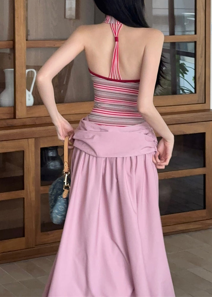 Pink Fine Summer Pieces Fake Long Patchwork Two Striped Dress