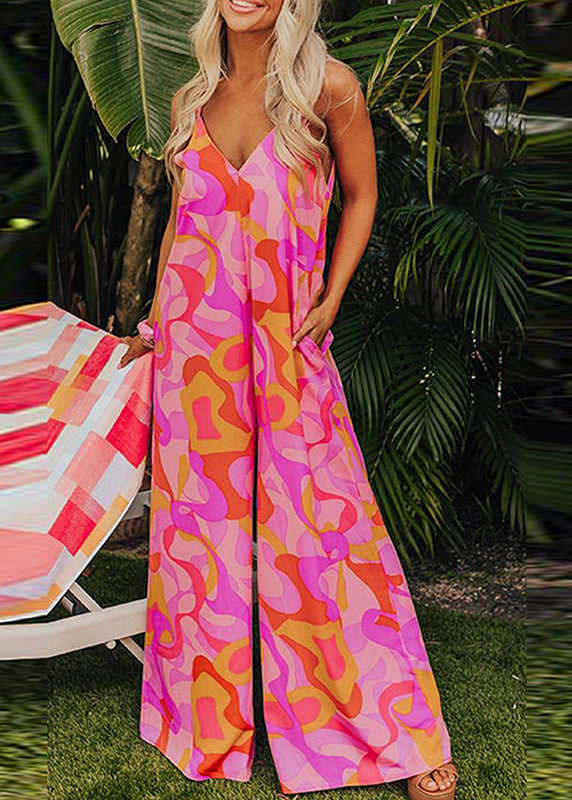 V Print Jumpsuits Pink Fine Neck Pockets Summer