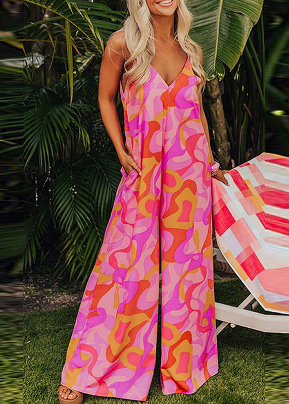 V Print Jumpsuits Pink Fine Neck Pockets Summer