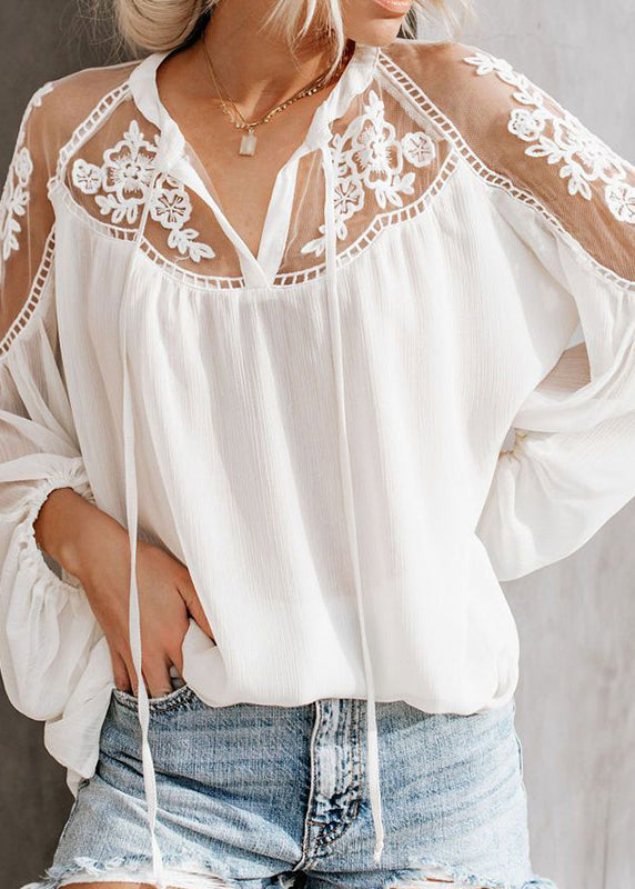 Neck Lace White Fall Shirt Fine Patchwork V
