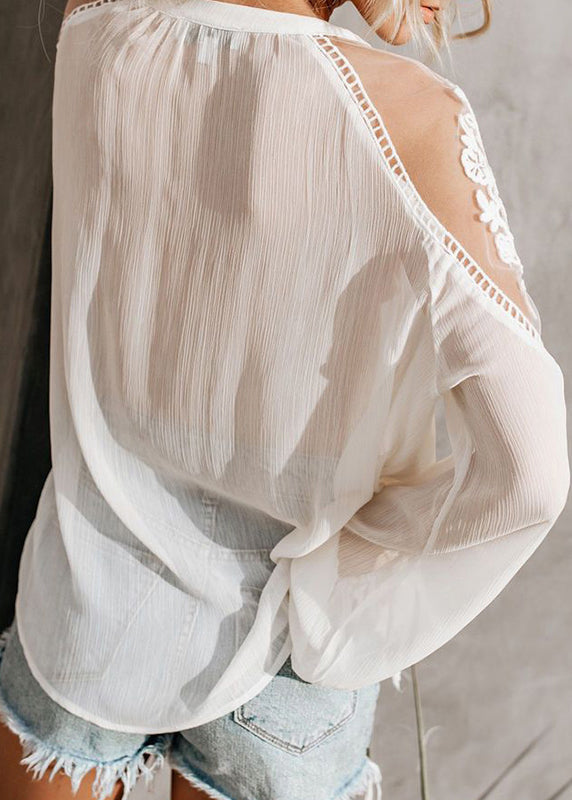 Neck Lace White Fall Shirt Fine Patchwork V