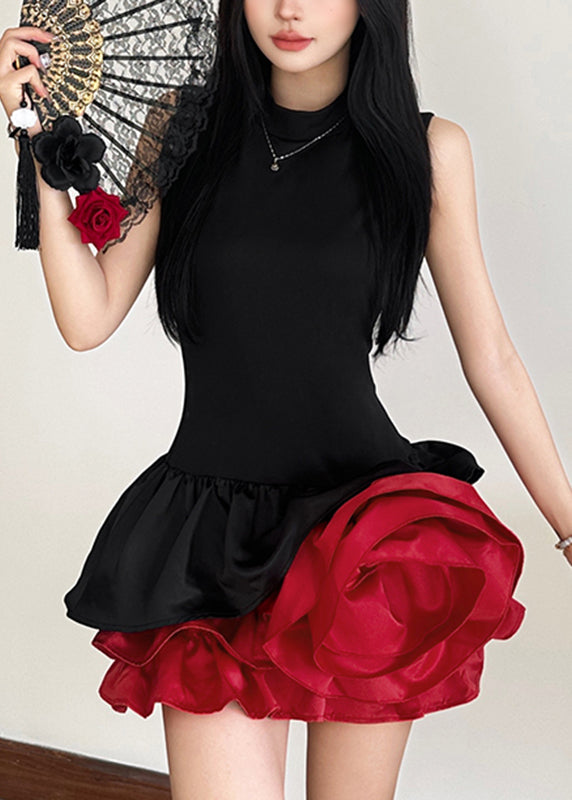 Mid French Black Floral Sleeveless Rose Dresses