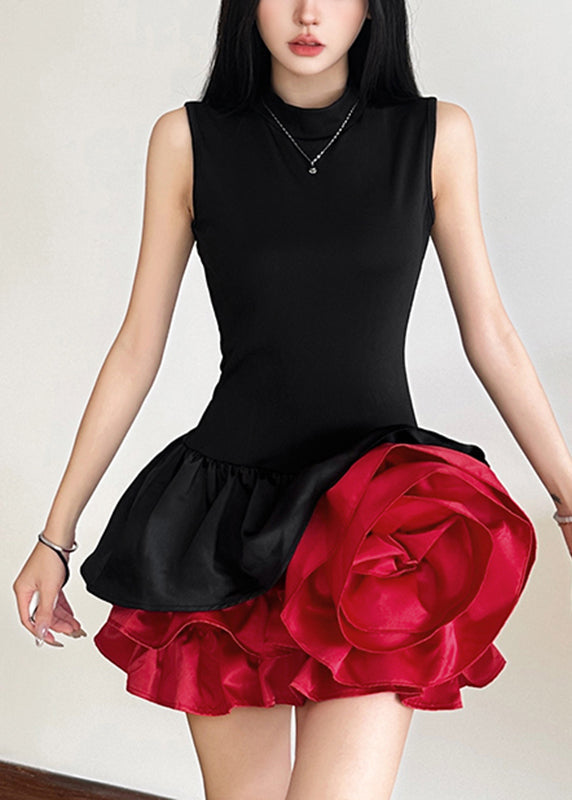 Mid French Black Floral Sleeveless Rose Dresses