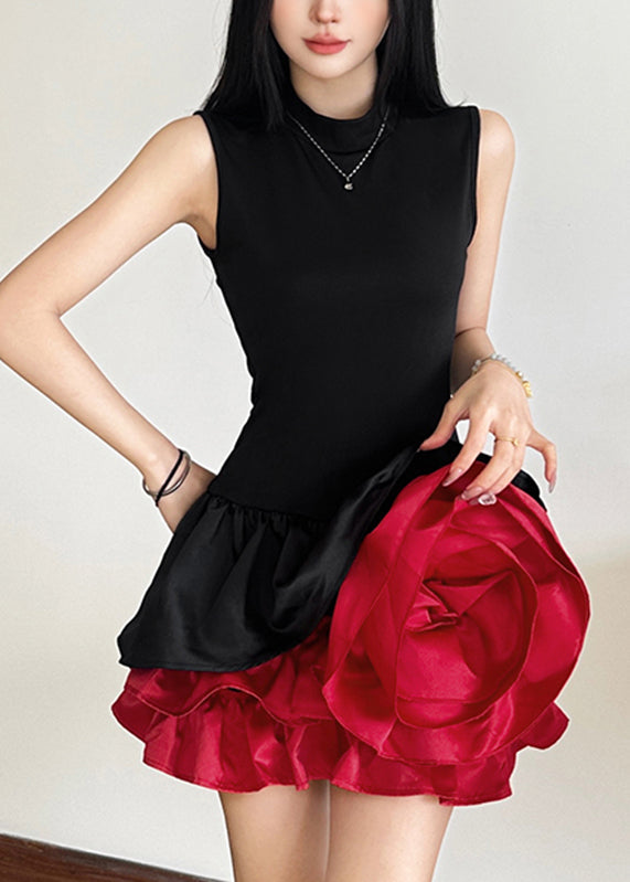 Mid French Black Floral Sleeveless Rose Dresses