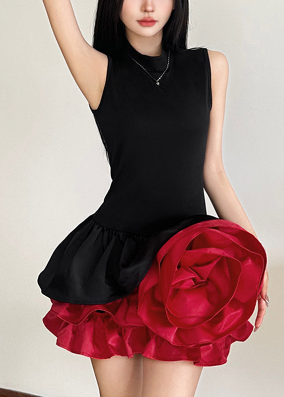 Mid French Black Floral Sleeveless Rose Dresses