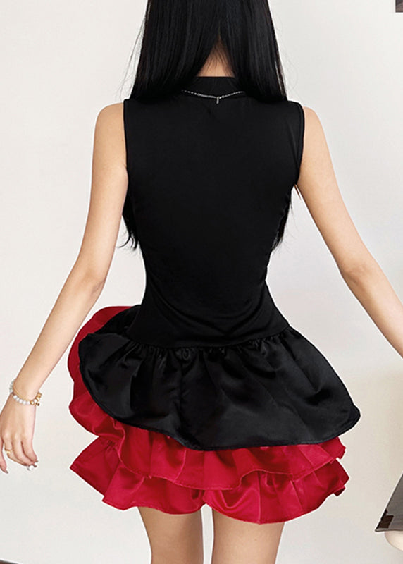 Mid French Black Floral Sleeveless Rose Dresses