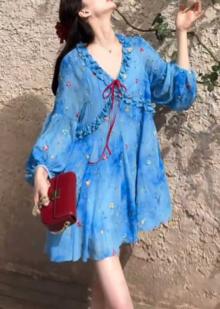 Blue Sleeve Puff Ruffled Print Chiffon Dresses French