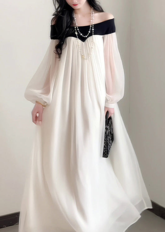 Lantern Elegant Slash Dress French Sleeves Chiffon Neck