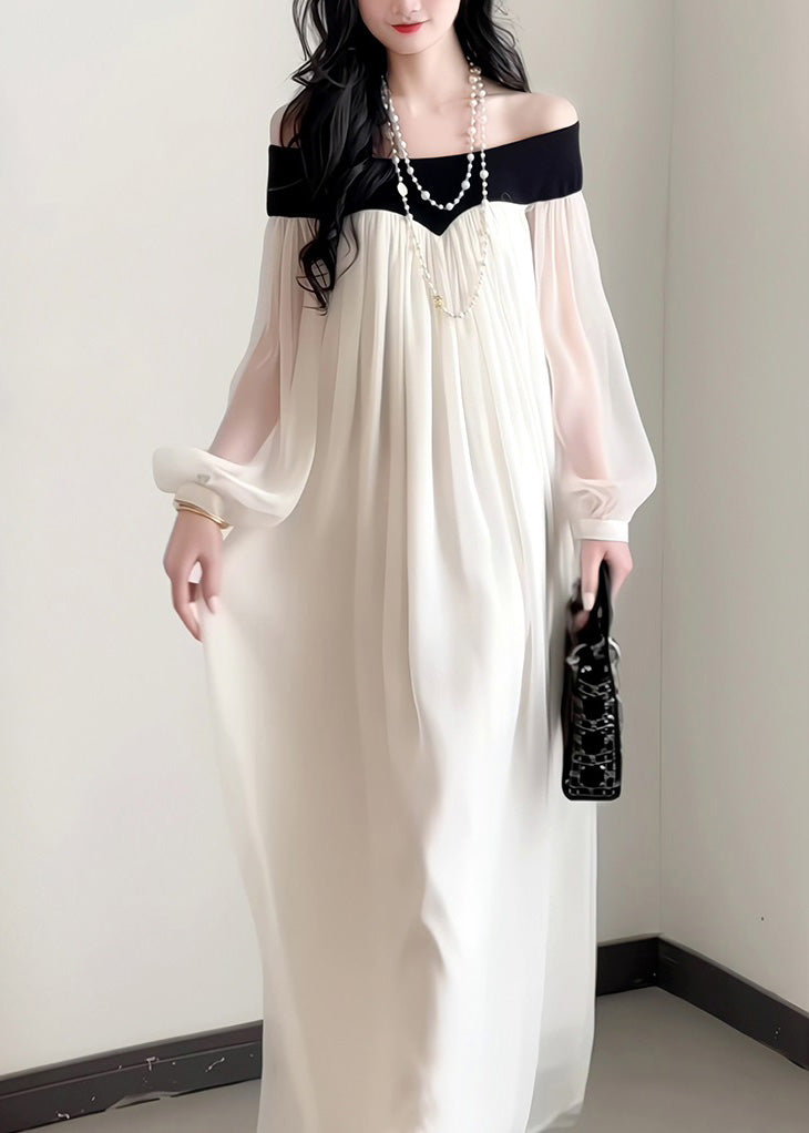 Lantern Elegant Slash Dress French Sleeves Chiffon Neck