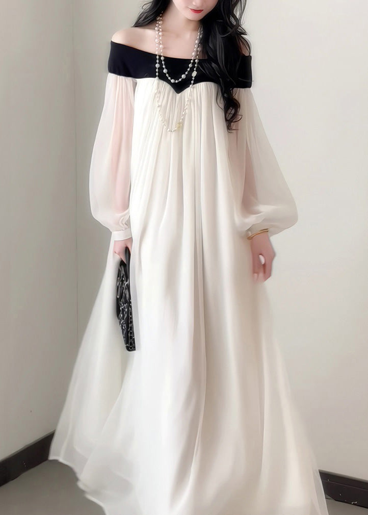 Lantern Elegant Slash Dress French Sleeves Chiffon Neck