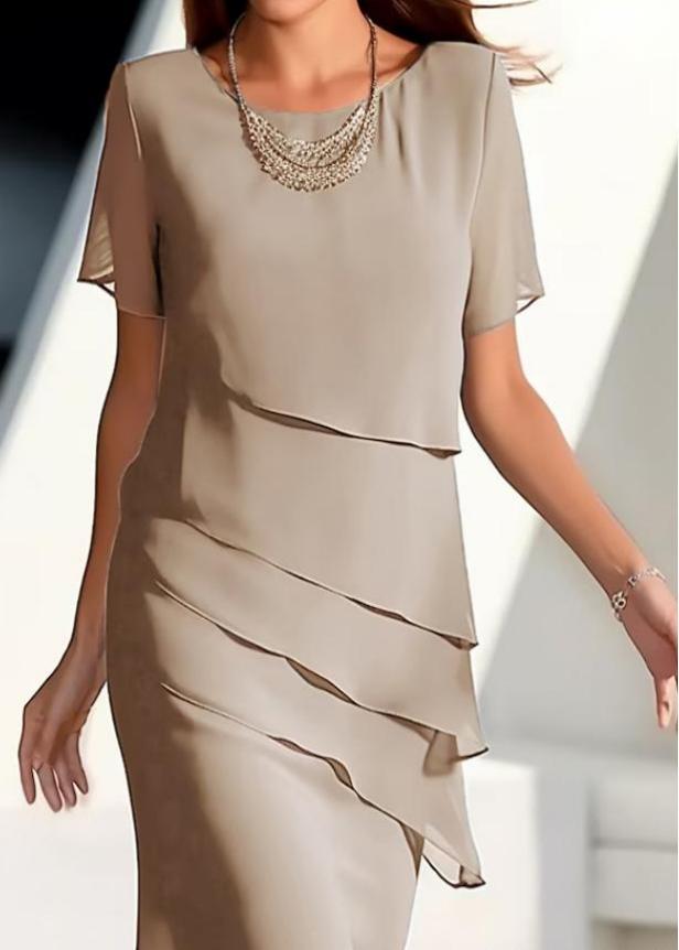 Maxi Chiffon Short Layered Khaki Dresses Solid O-Neck French