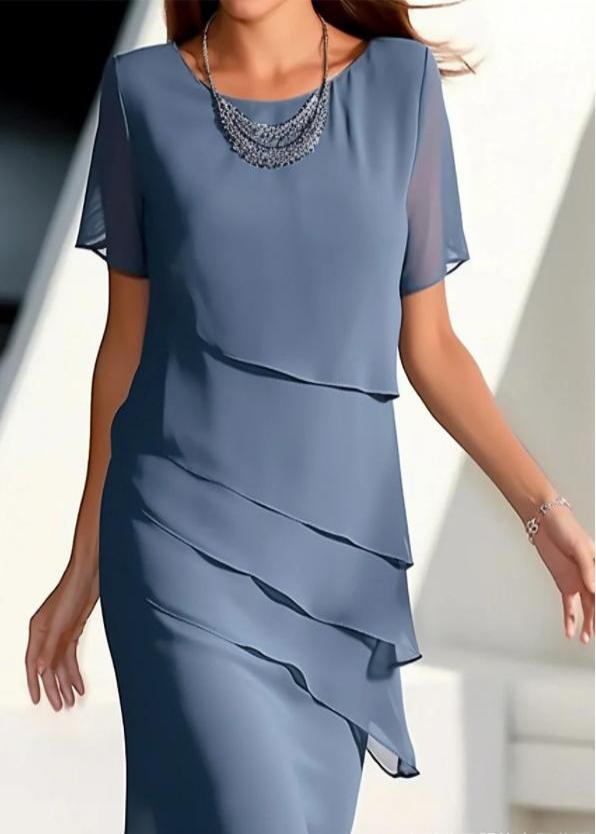 Maxi Chiffon Short Layered Khaki Dresses Solid O-Neck French