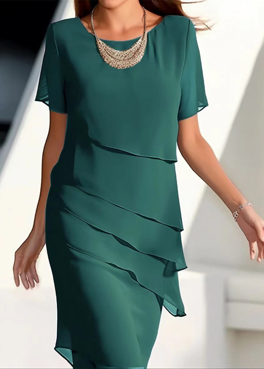 Maxi Chiffon Short Layered Khaki Dresses Solid O-Neck French