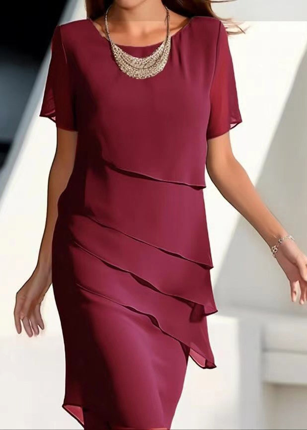 Maxi Chiffon Short Layered Khaki Dresses Solid O-Neck French