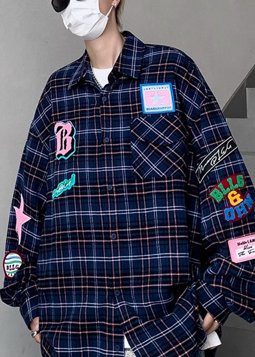 Cotton French Shirt Pockets Men Plaid Navy Spring