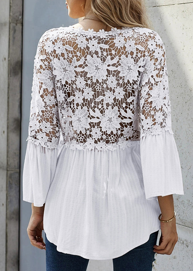 Flare Shirts Sleeve Lace White Patchwork French