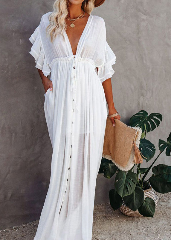 White Dress French V Button Neck Sleeve Short Maxi