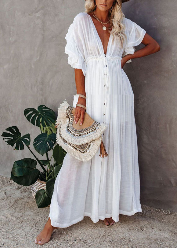 White Dress French V Button Neck Sleeve Short Maxi
