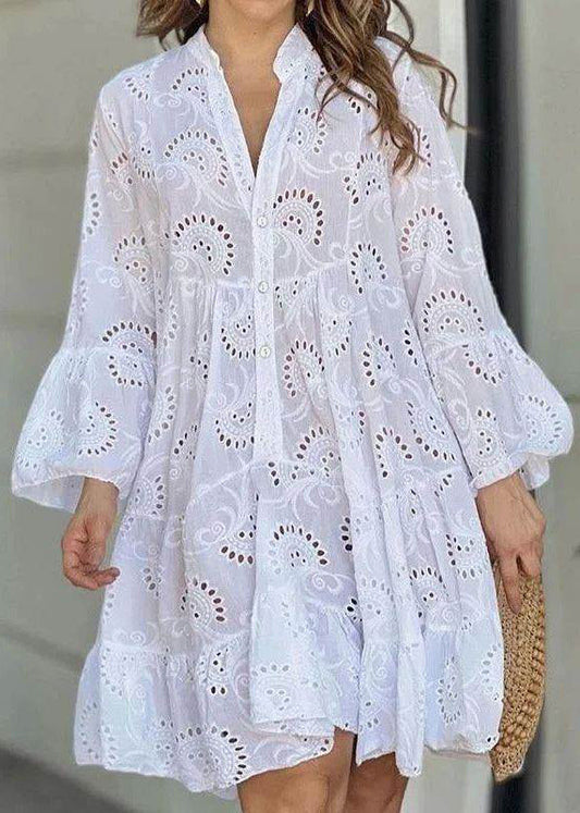 Hollow White Fall Out Neck Long V French Dress Holiday Lace