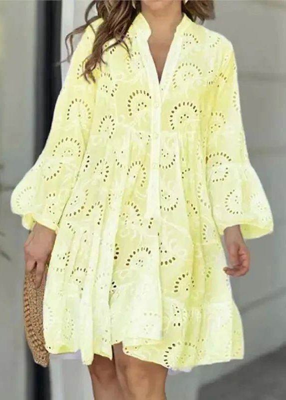 Hollow White Fall Out Neck Long V French Dress Holiday Lace