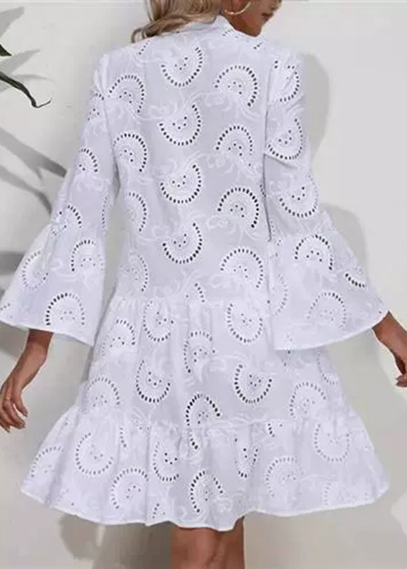 Hollow White Fall Out Neck Long V French Dress Holiday Lace