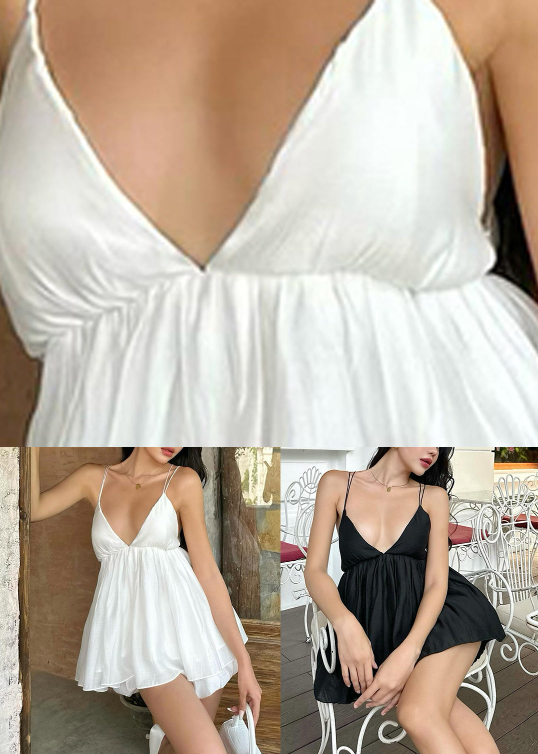 Neck Patchwork Mid Sleeveless French White Strap V Spaghetti