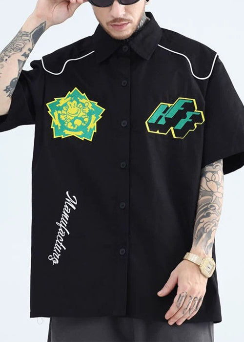 Collar Shirts Mens French Summer Cotton Peter Pan Print Yellow