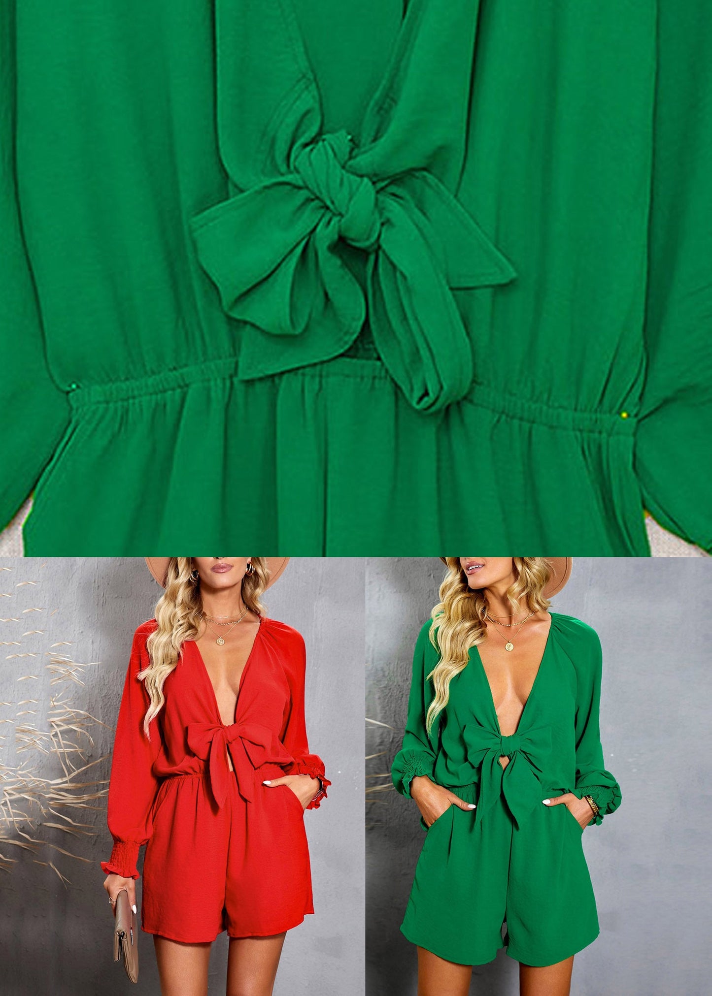 Waist Lantern Jumpsuit Pockets Sleeve Green Elastic Bow
