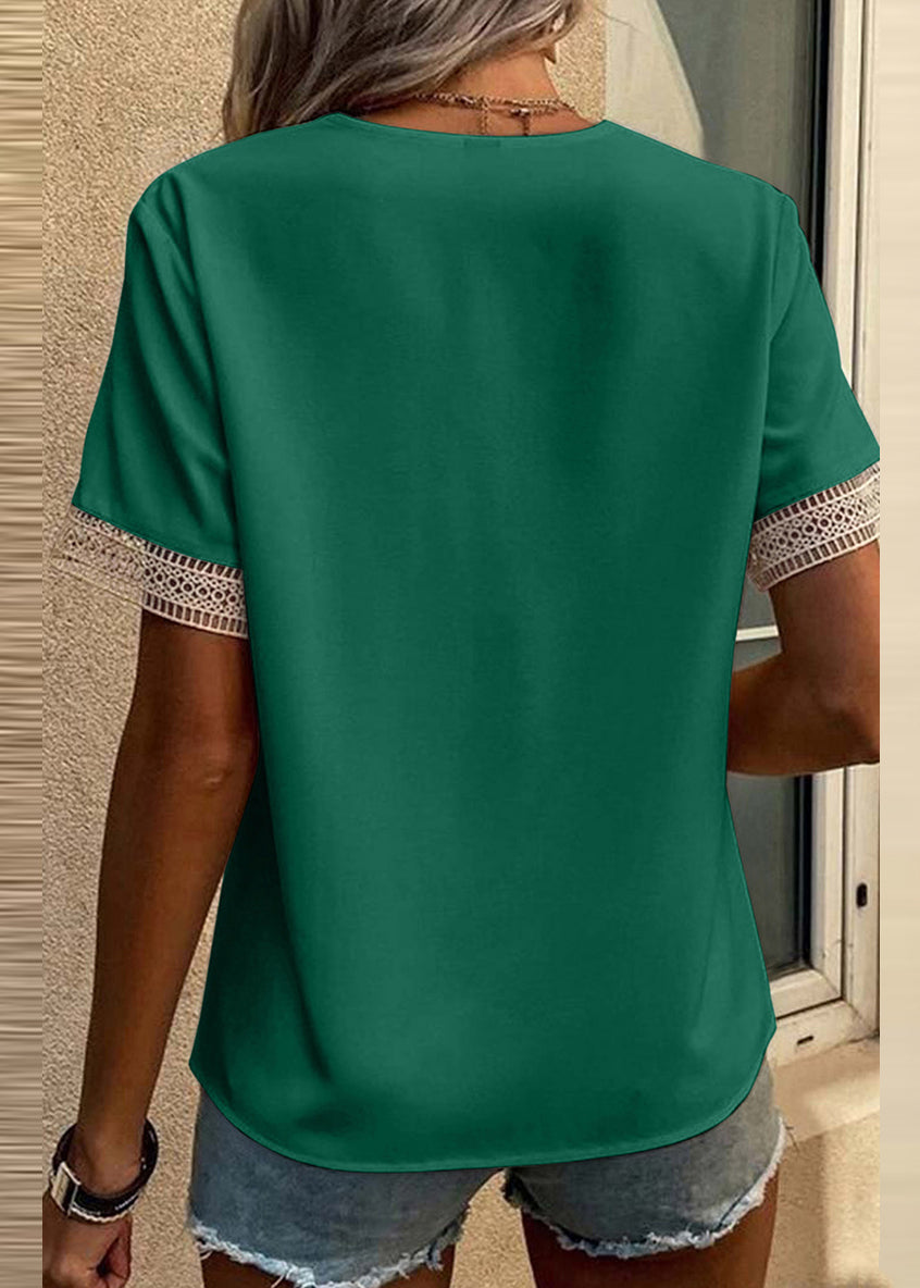 Sleeve Tops Green Neck Out Hollow V Short