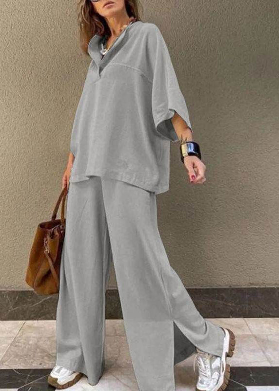 Shirts Two Leg Pants Set And T Pieces Side Open Wide Grey