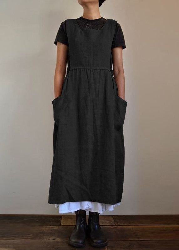 Handmade Neck Black Patchwork NeckU U Pockets Summer Maxi Dresses