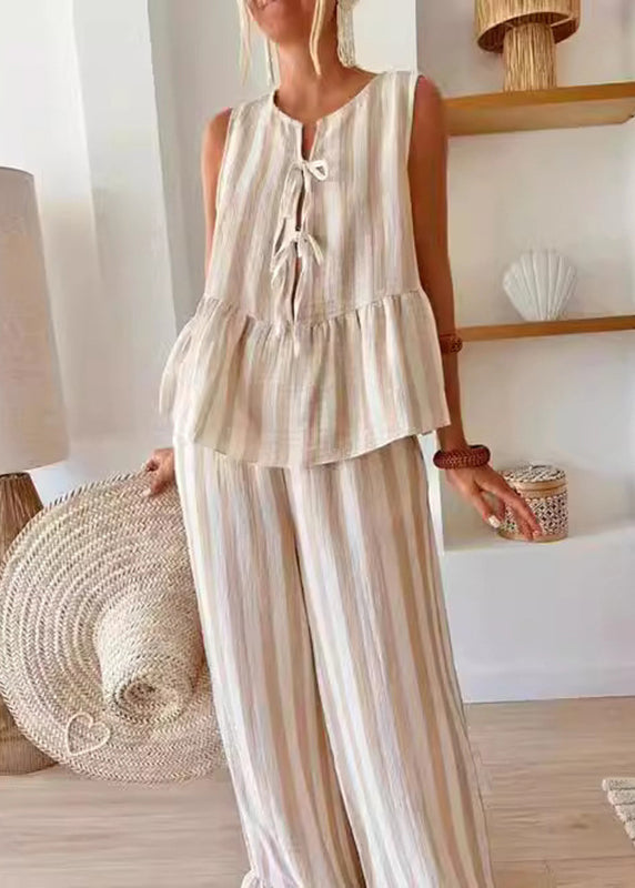 Pants Two Summer Set Striped Top Handmade Camel O-Neck Leg Pieces Wide And