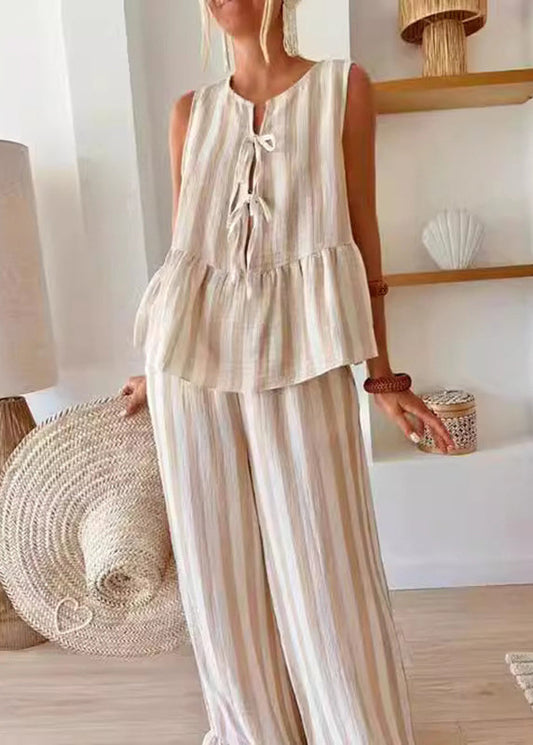 Pants Two Summer Set Striped Top Handmade Camel O-Neck Leg Pieces Wide And