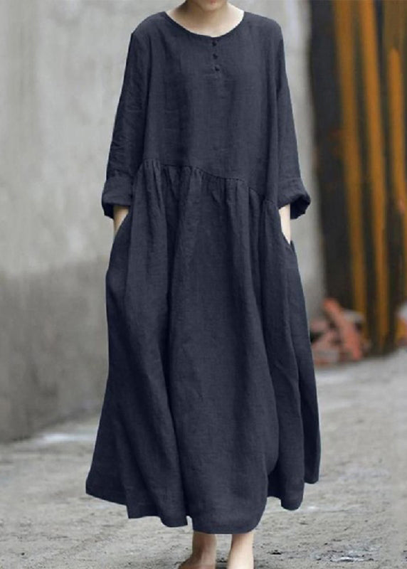 Handmade Robe O-Neck Dresses Patchwork Pockets Fall Red