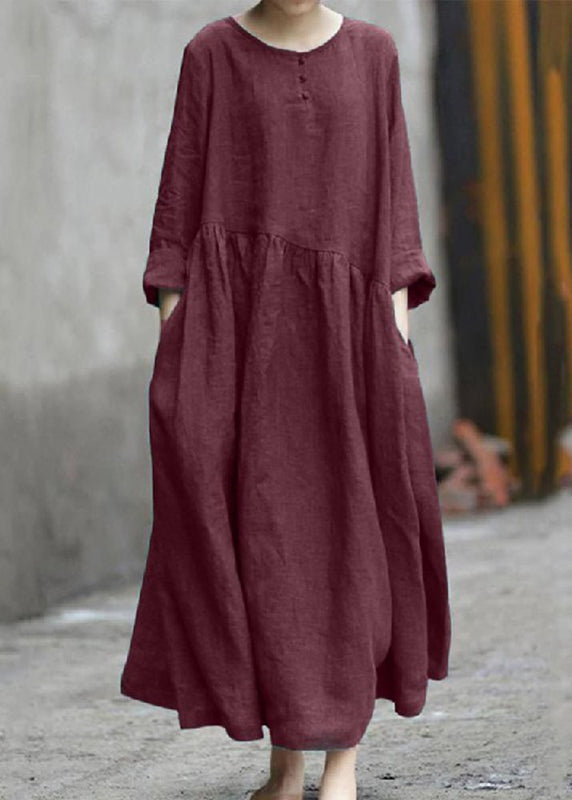 Handmade Robe O-Neck Dresses Patchwork Pockets Fall Red