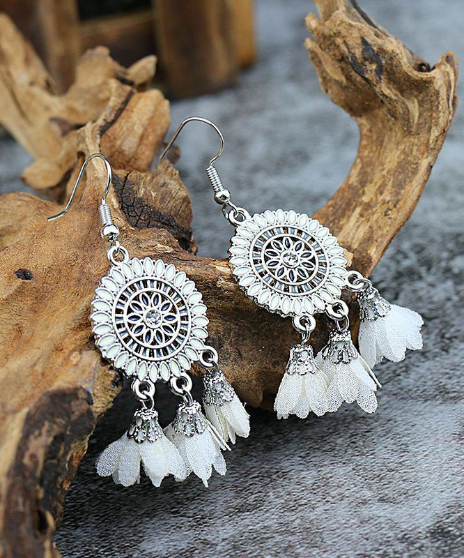White Earrings Chiffon Drop Tassel Zircon Sterling Floral Silver Handmade