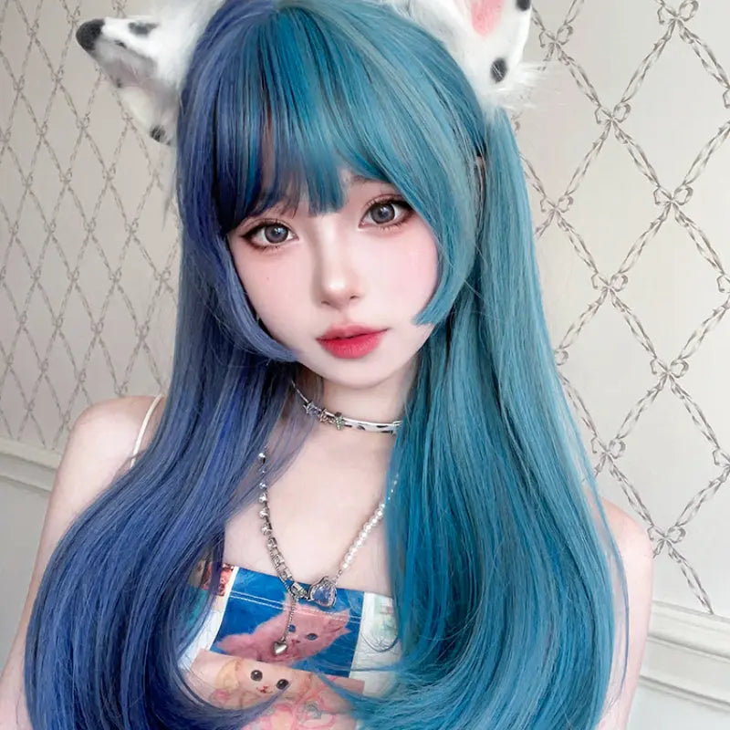 Kawaii Aesthetic Y2K Cute Fairy Harajuku Half Blue and Half Teal Wig ON1468 spreepickyshop