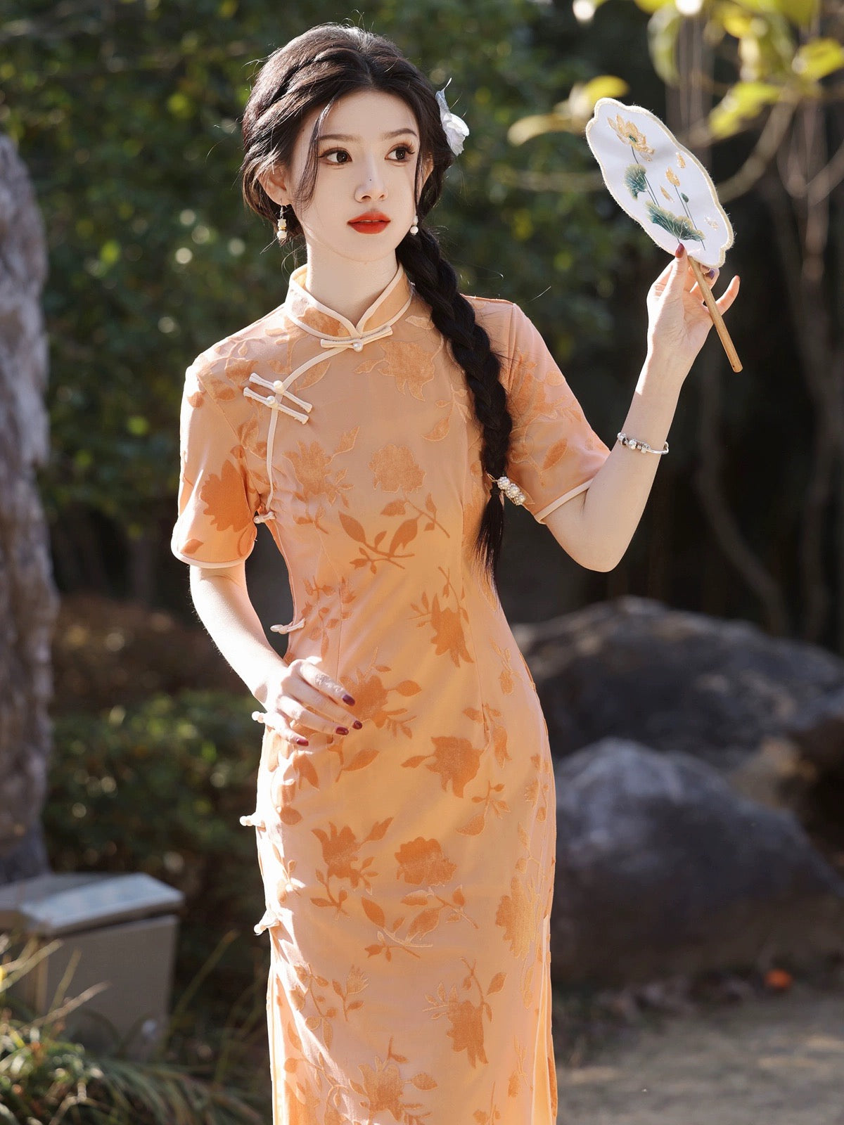 Orange Floral Sleeveless Long Cheongsam