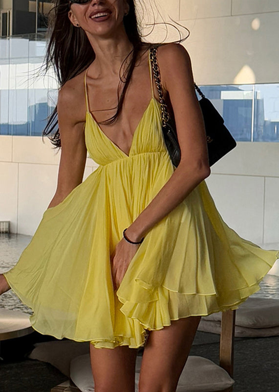 Mid Spaghetti Backless V Italian Patchwork Neck Strap Yellow