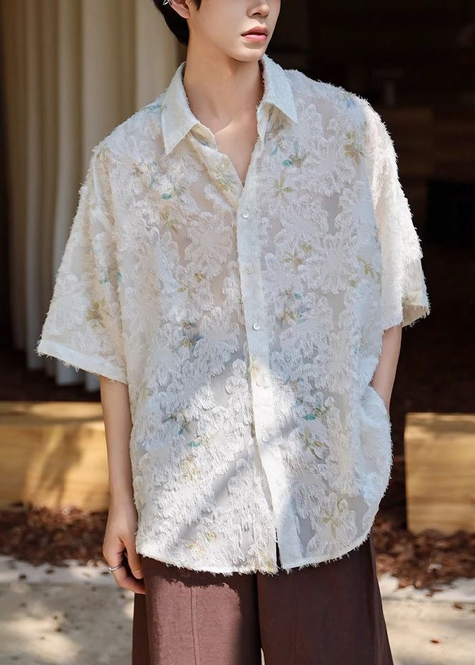 Shirt Ice Beige Sleeve Jacquard Half Silk Men Button Peter Pan Collar