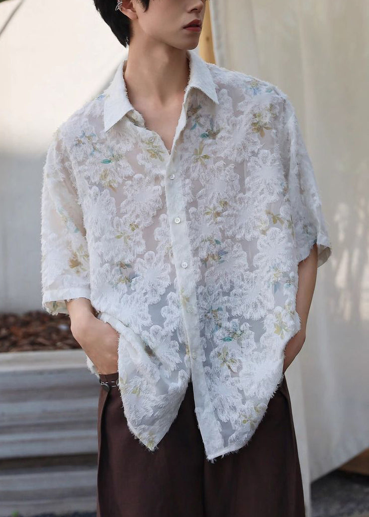 Shirt Ice Beige Sleeve Jacquard Half Silk Men Button Peter Pan Collar