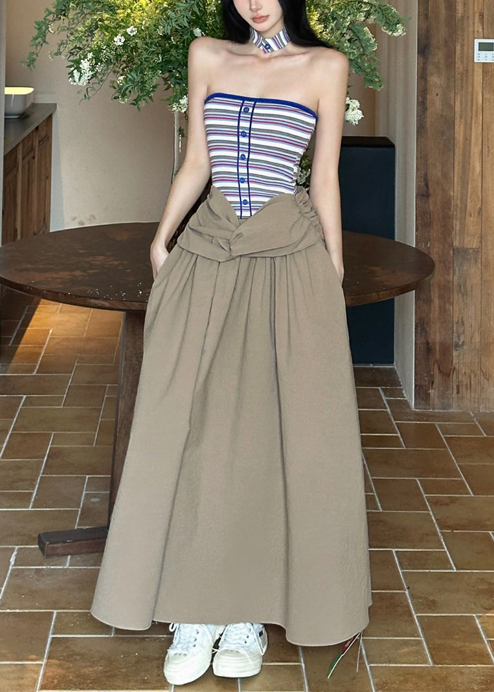 Shoulder Maxi Cold Sleeveless Dresses Khaki Wrinkled